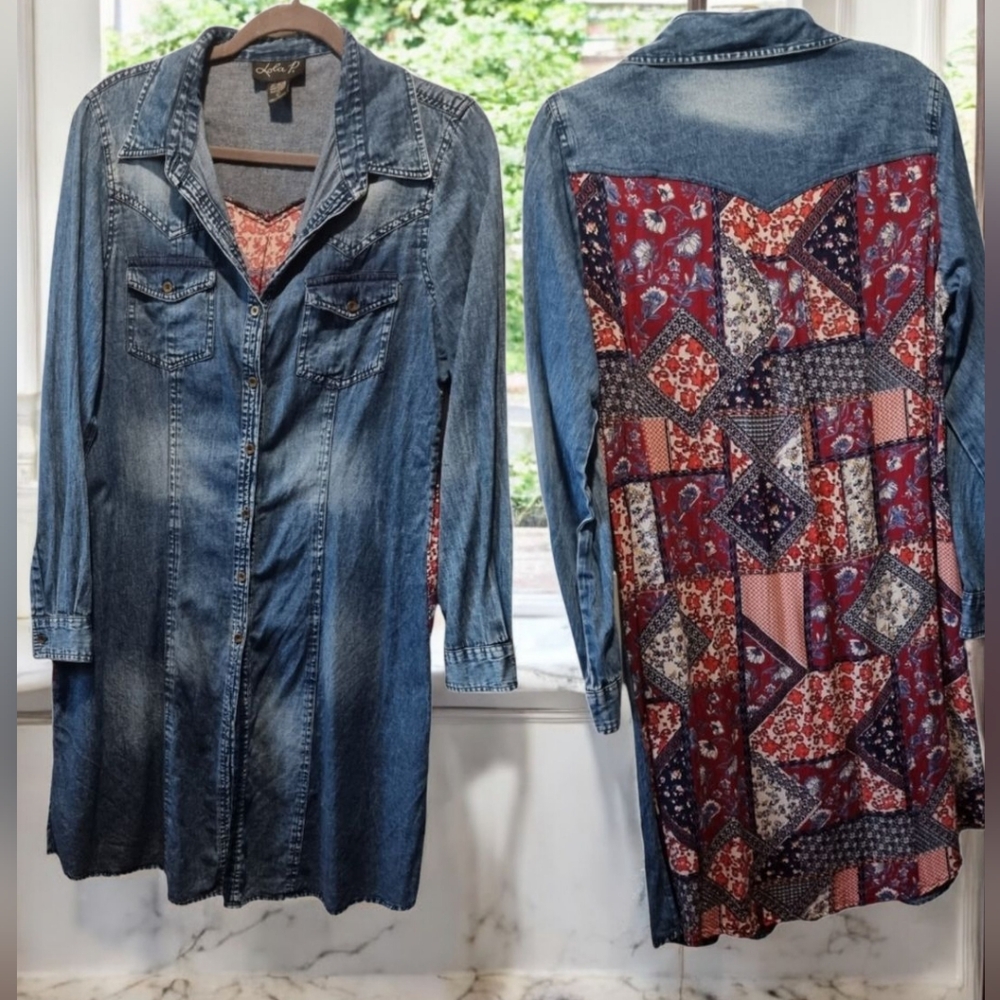 Lola P. Denim and Patchwork Lightweight Long Sleeve Dress